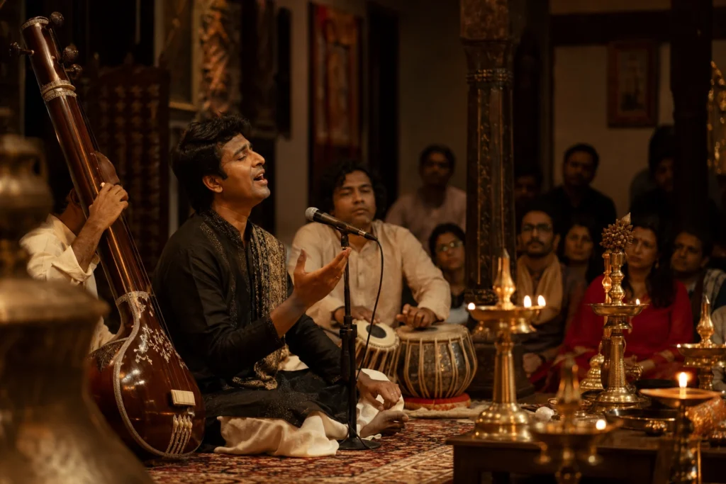 a classical vocalist performing a classical setup concert with a tablist and a tanpura player sideways of him. audience are watching on background and singer is completely in emotions while singing feeling the raag