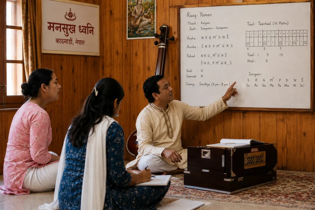 Classical music guru is demostration indian classical music theory in white board to his disciples two females in front. the class is manasukh dhvani a very reputed music school in nepal for indian classical music style specially focussing vocal