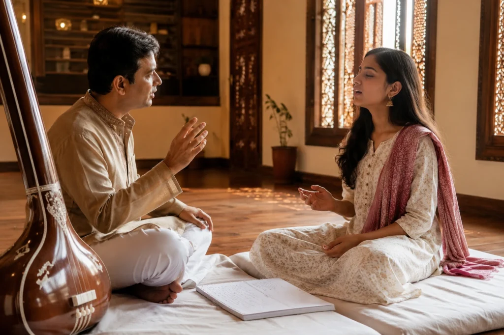 private vocal class being conducted by a classical setup by guru to a female discipal