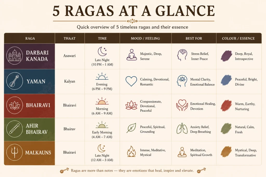 Infographic comparing five ragas for stress relief and best listening times