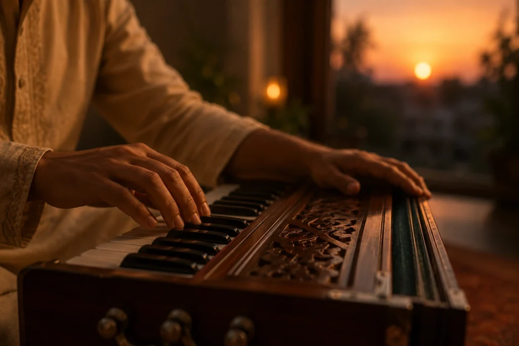 Musician playing harmonium at sunset, associated with Raga Yaman