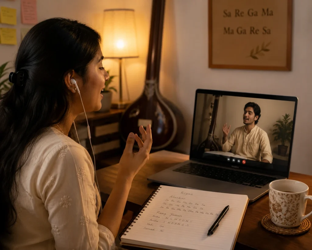 Student attending an online one-to-one vocal class for beginners