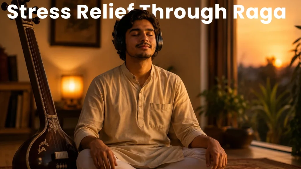 Person meditating while listening to a calming raga for anxiety relief